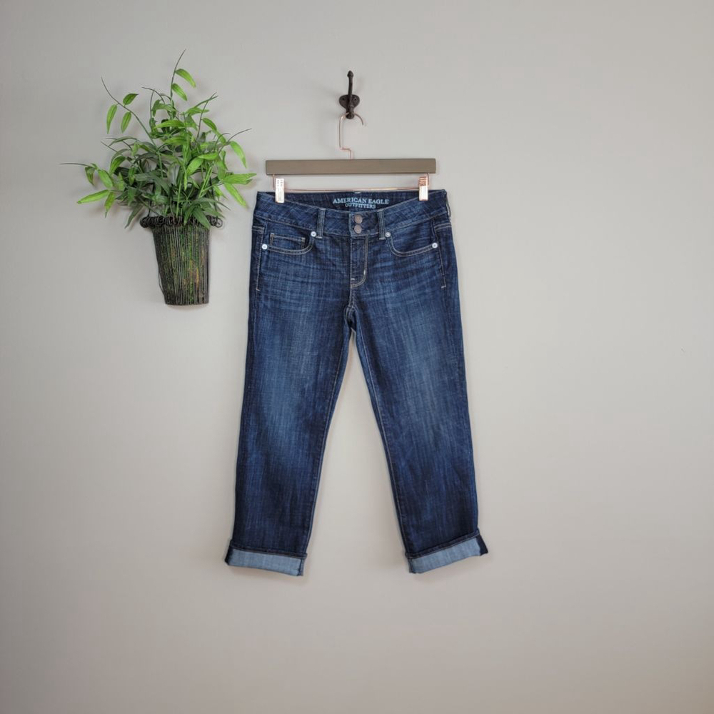 American Eagle Artist Crop Slim Straight Jeans Dark Blue Cuffed Low Rise AE 4